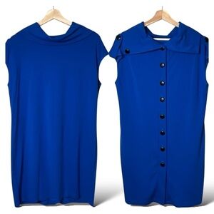 JOSEPH RIBKOFF Blue Jersey Knit Cowl Neck Mini Dress / Tunic Back Buttons Sz 14